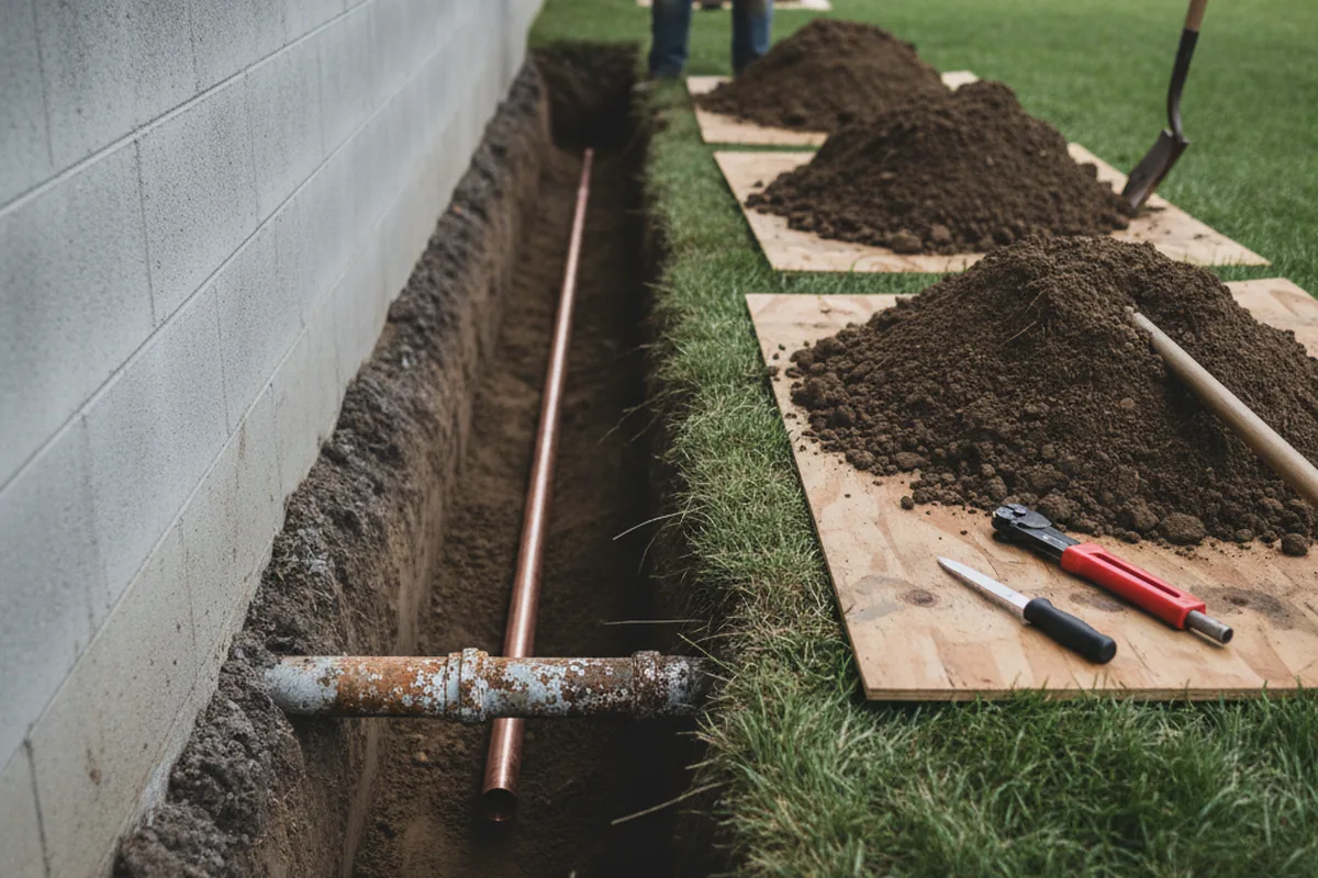 Excavated water line trench during Sewer Line Repair in Jessup